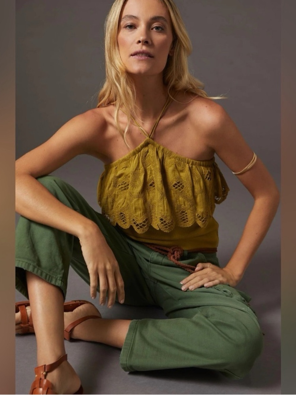 Anthropologie Ruffled Haltered Tank Green XXS Boho